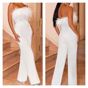 NWT AIDAN MATTOX Feather Trim Crepe Strapless Jumpsuit White Size14 Bride Bridal